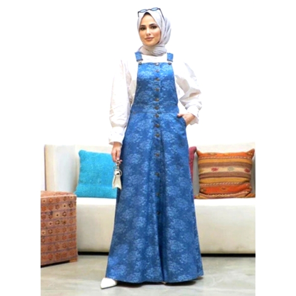 Bib Overalls Skirt Dress Maxi Blue Denim Floral - Picture 11 of 11